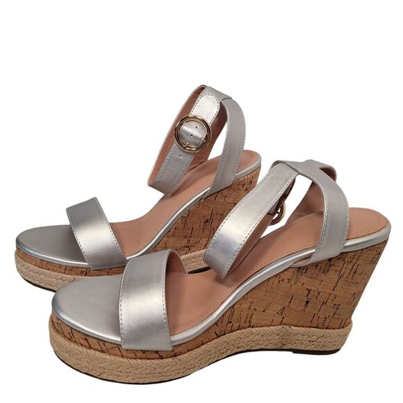 ZBY Cork Wedge Espadrille Sandals Silver Ankle Strap Size 7 New - Picture 4 of 11